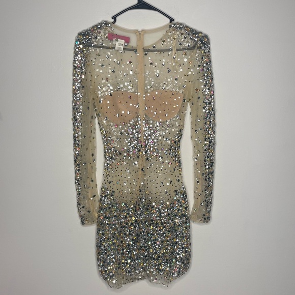 JOVANI Long Sleeve Jeweled Sheer Short Dress - Picture 9 of 14